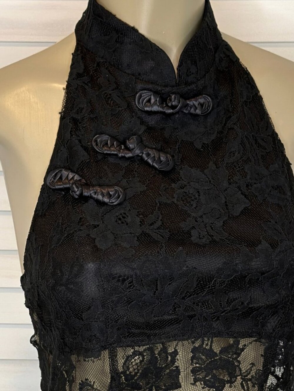Chocolate USA Black Mandarin Collar Lace Halter Top - Picture 2 of 9